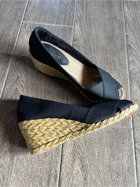 Lauren Ralph Lauren Cecilia Black Silk Peep Toe Espadrille Wedge Heels Size 7B